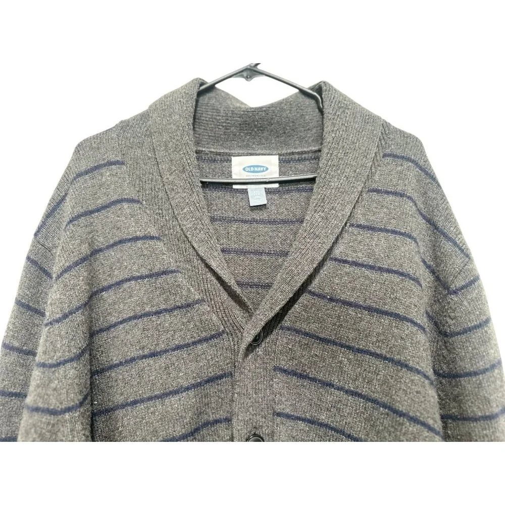 Old Navy Wool Button Down Cardigan Men XXL Tall Gray Shawl Neck Striped Nautical